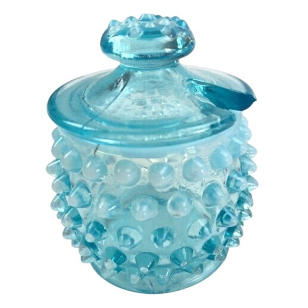 VTG Fenton Hobnail Jar Blue Opalescent Mustard Condiment Lidded Glass 1950s